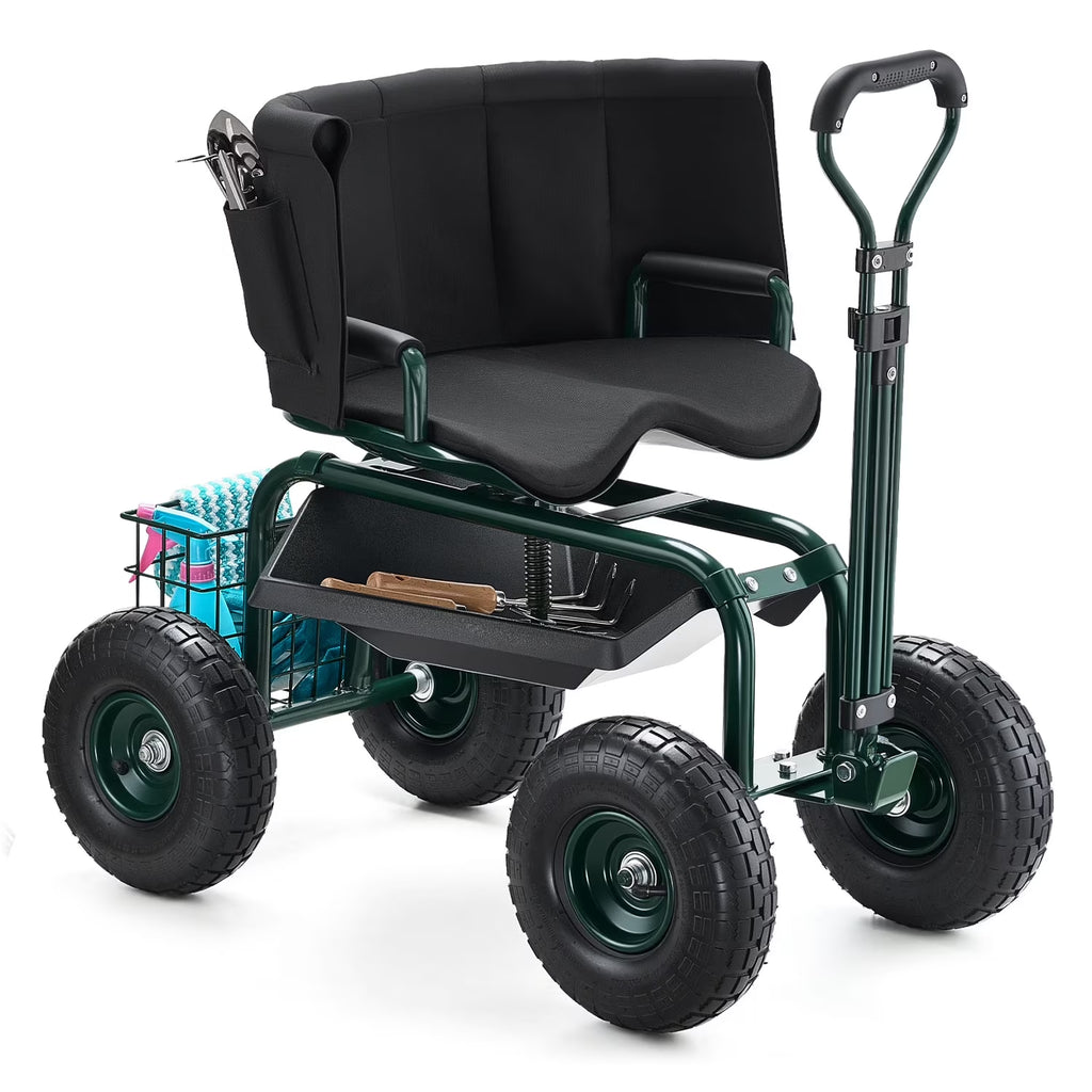Rolling Garden Seat with Wheels, Adjustable Height & 360° Rotating Seat, 400Lbs Capacity, Gardening Cart with Backrest & Tool Storage for Outdoor Use