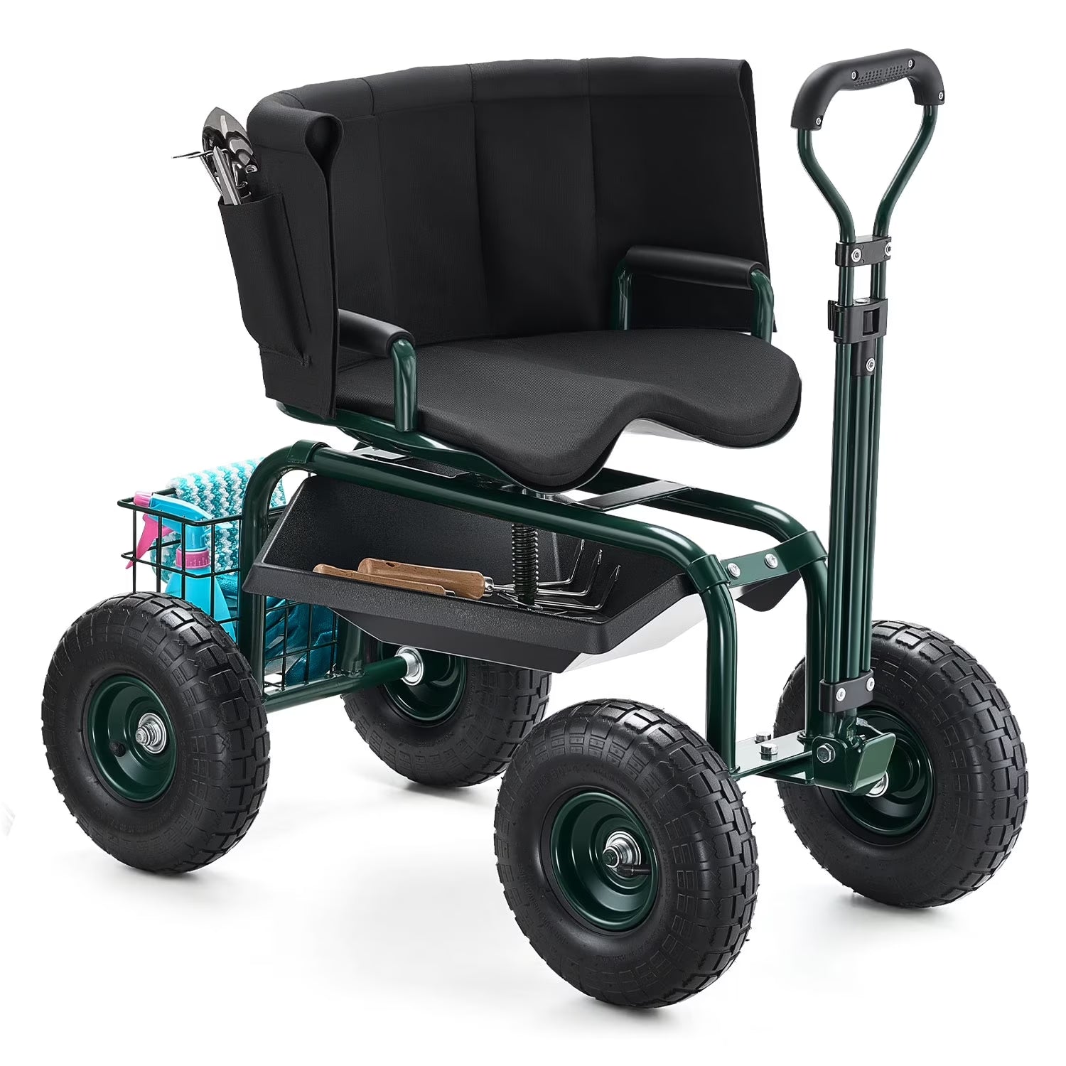 Rolling Garden Seat with Wheels, Adjustable Height & 360° Rotating Seat, 400Lbs Capacity, Gardening Cart with Backrest & Tool Storage for Outdoor Use