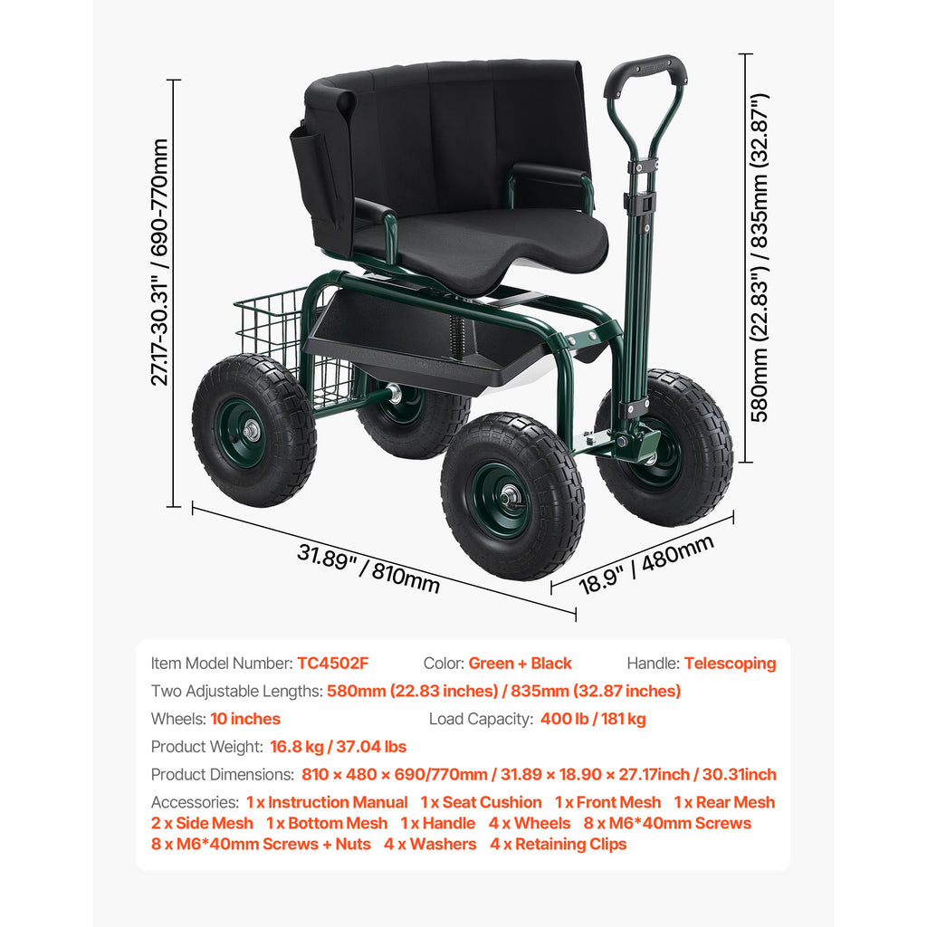 Rolling Garden Seat with Wheels, Adjustable Height & 360° Rotating Seat, 400Lbs Capacity, Gardening Cart with Backrest & Tool Storage for Outdoor Use
