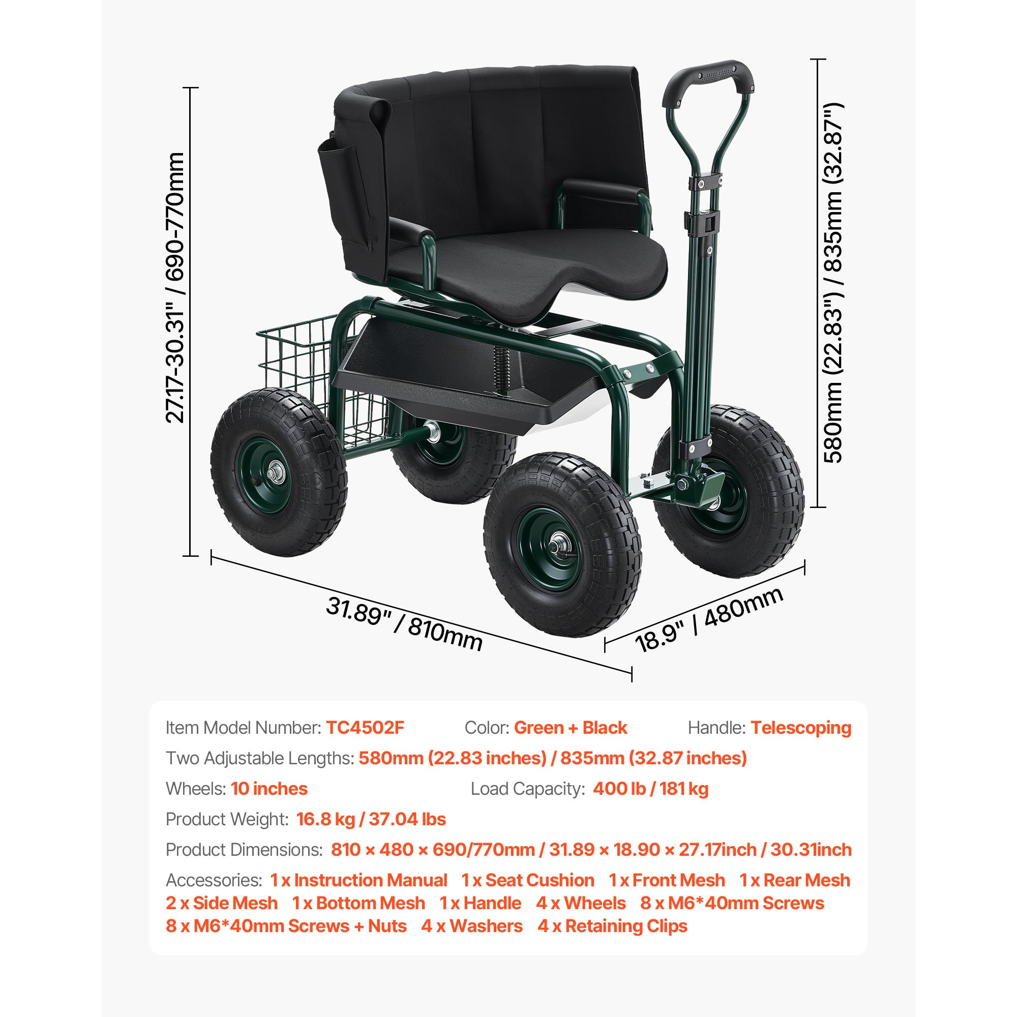 Rolling Garden Seat with Wheels, Adjustable Height & 360° Rotating Seat, 400Lbs Capacity, Gardening Cart with Backrest & Tool Storage for Outdoor Use