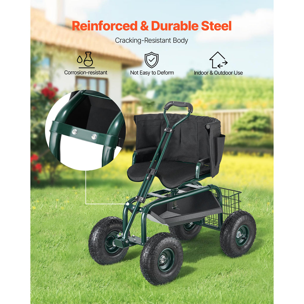 Rolling Garden Seat with Wheels, Adjustable Height & 360° Rotating Seat, 400Lbs Capacity, Gardening Cart with Backrest & Tool Storage for Outdoor Use