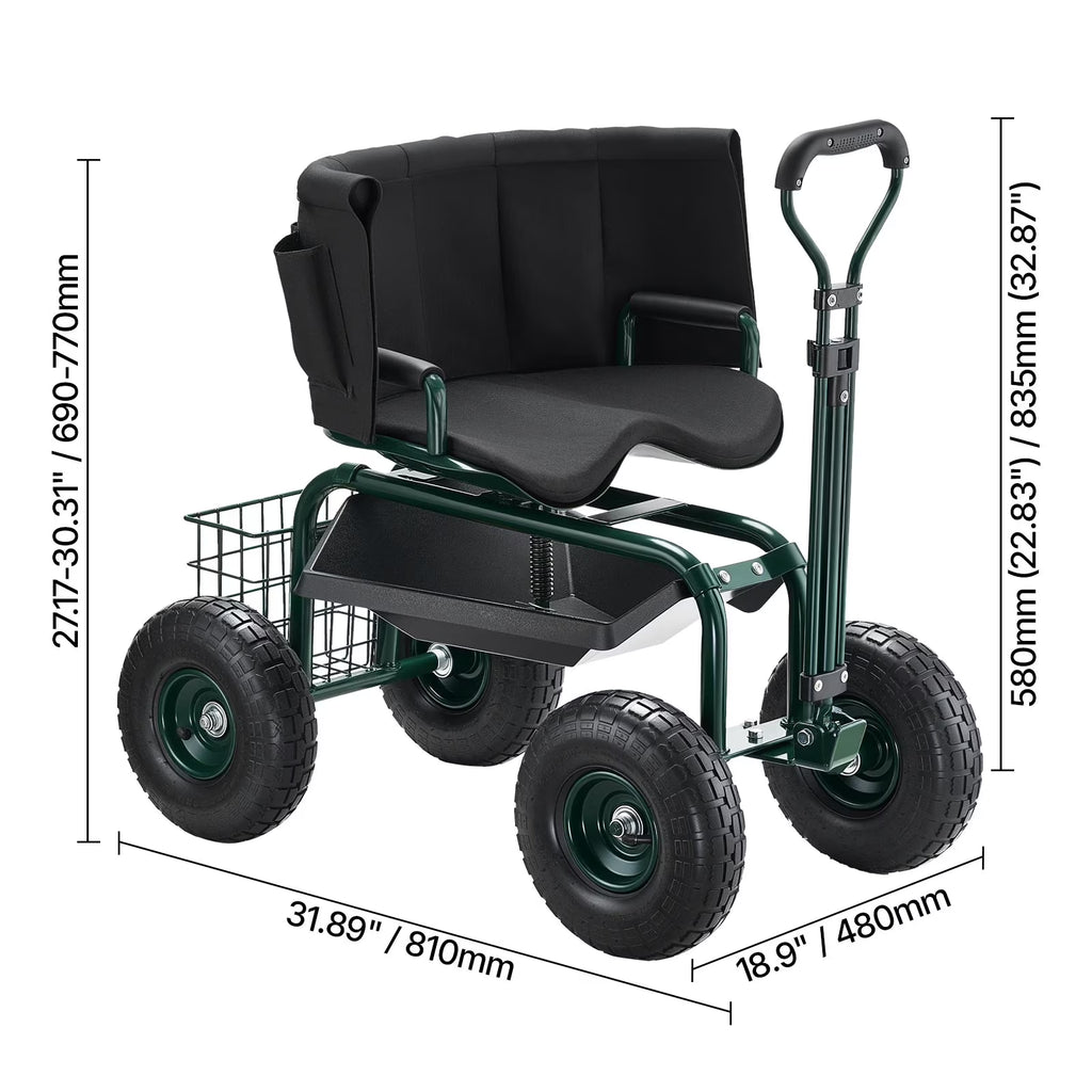Rolling Garden Seat with Wheels, Adjustable Height & 360° Rotating Seat, 400Lbs Capacity, Gardening Cart with Backrest & Tool Storage for Outdoor Use