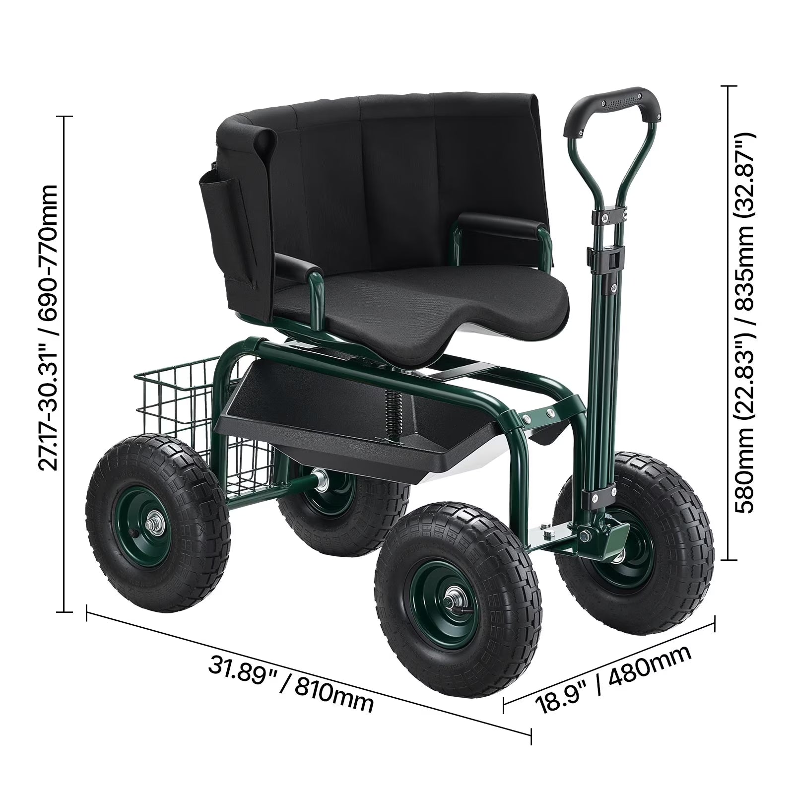 Rolling Garden Seat with Wheels, Adjustable Height & 360° Rotating Seat, 400Lbs Capacity, Gardening Cart with Backrest & Tool Storage for Outdoor Use