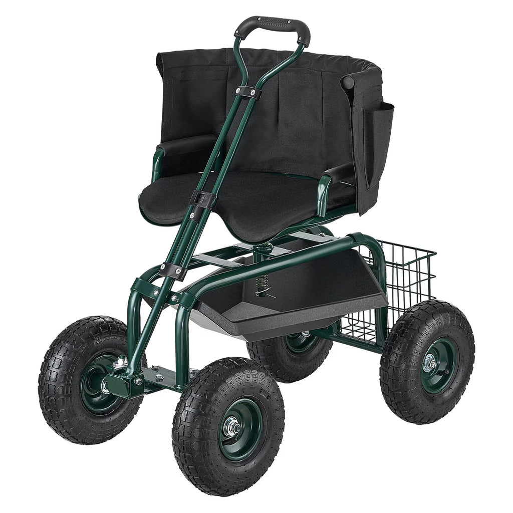 Rolling Garden Seat with Wheels, Adjustable Height & 360° Rotating Seat, 400Lbs Capacity, Gardening Cart with Backrest & Tool Storage for Outdoor Use