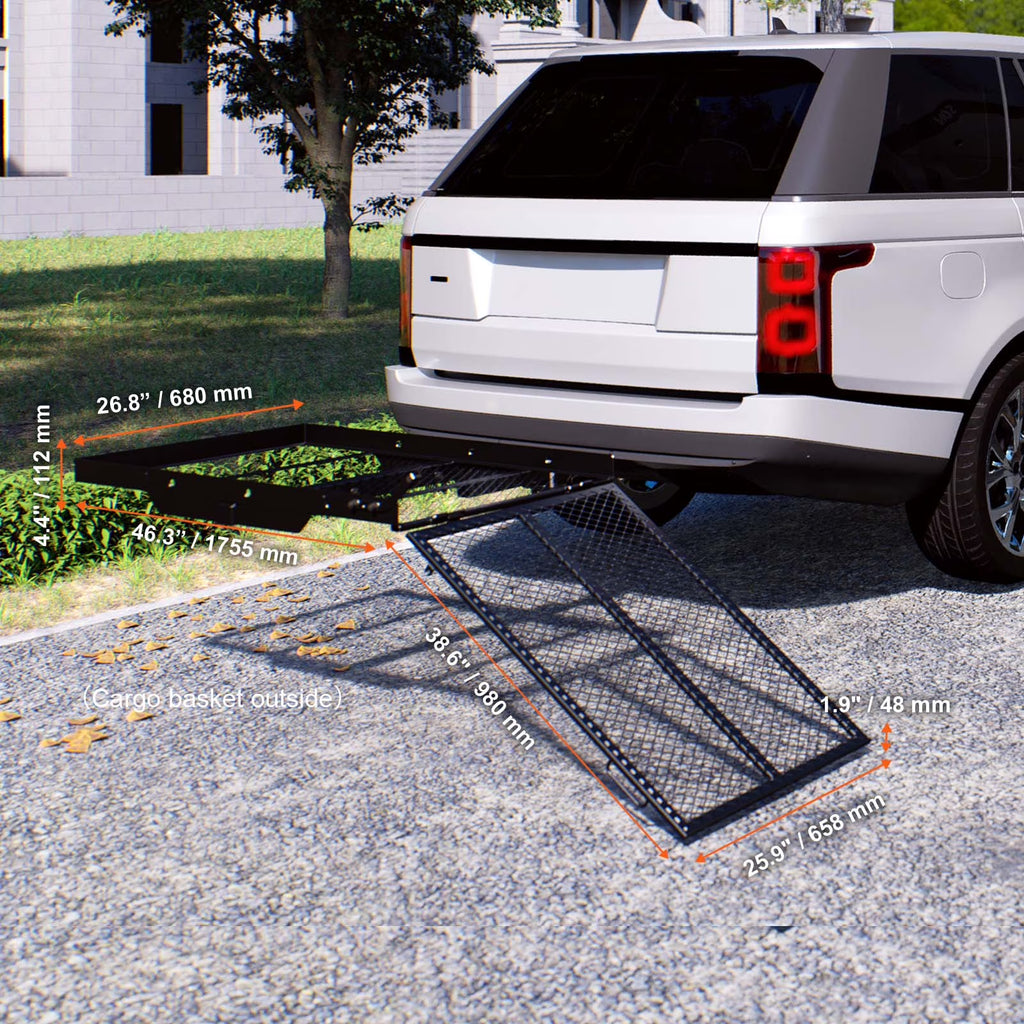 Hitch Mount Wheelchair Carrier 45.3" X25.6", Iron Rack with Foldable Ramp, Basket Hitch Rack with Stabilizer and Straps, 500LBS Capacity for Mobility Scooters, Fits 2" Hitch Receiver