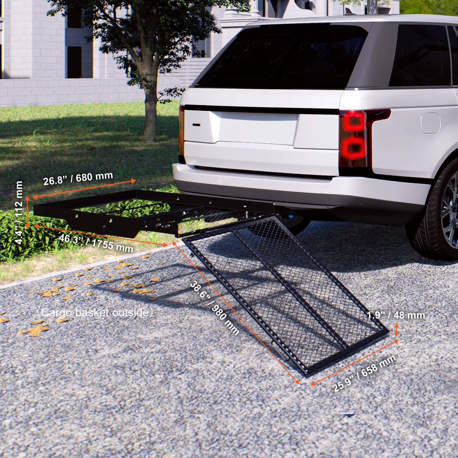 Hitch Mount Wheelchair Carrier 45.3" X25.6", Iron Rack with Foldable Ramp, Basket Hitch Rack with Stabilizer and Straps, 500LBS Capacity for Mobility Scooters, Fits 2" Hitch Receiver