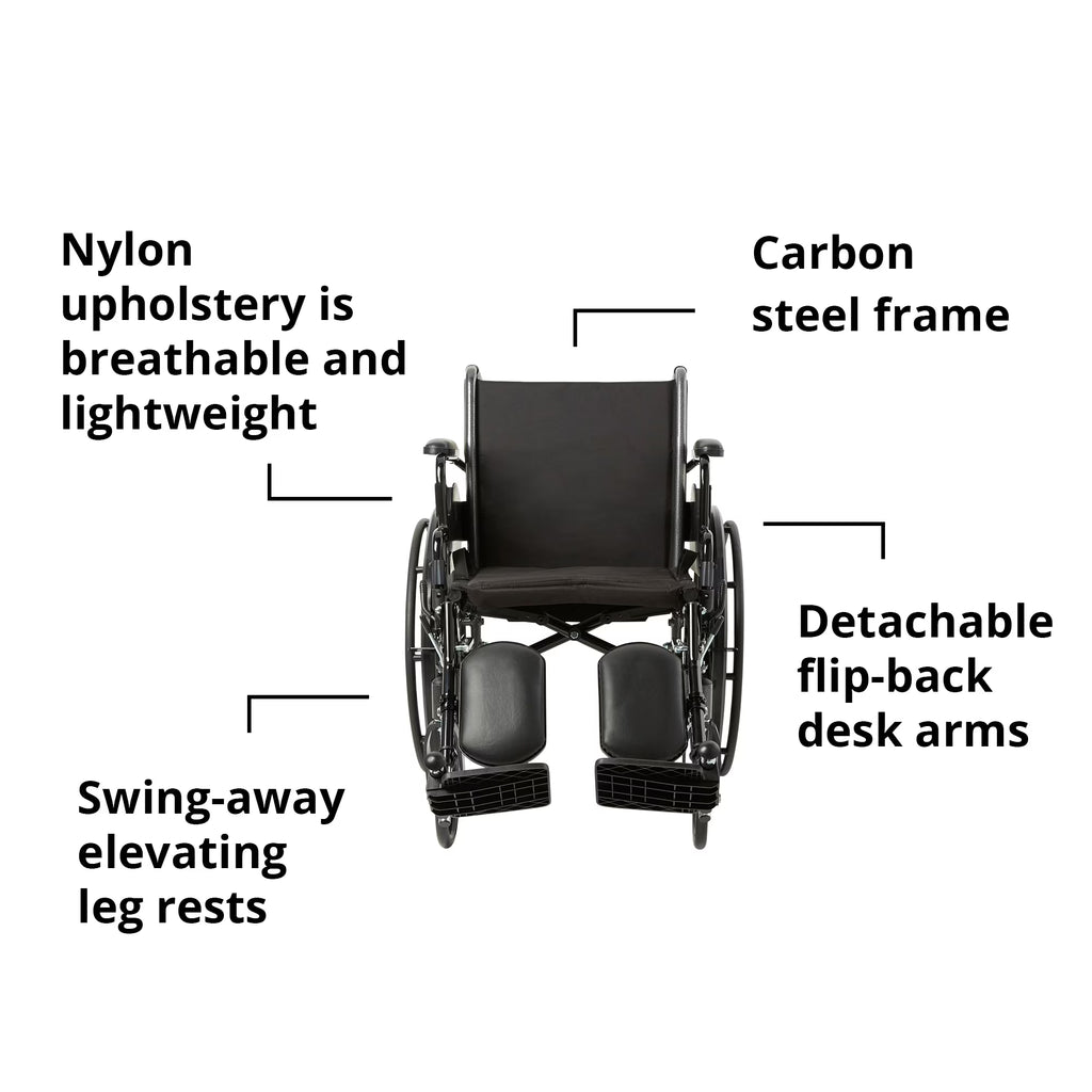 Black Lightweight Wheelchair, Steel, 18" W, 300-Lb Weight Capacity, 1 Ct