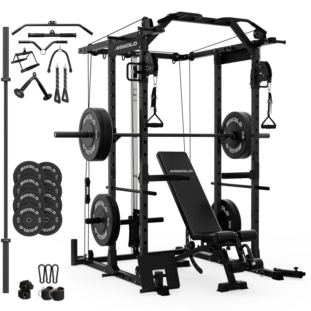 Power Rack Cage, 1500LBS Weight Cage with 800LB Capacity Adjustable Weight Bench, 1500LB Capacity Barbell and 230LB Weight Plate Set Black