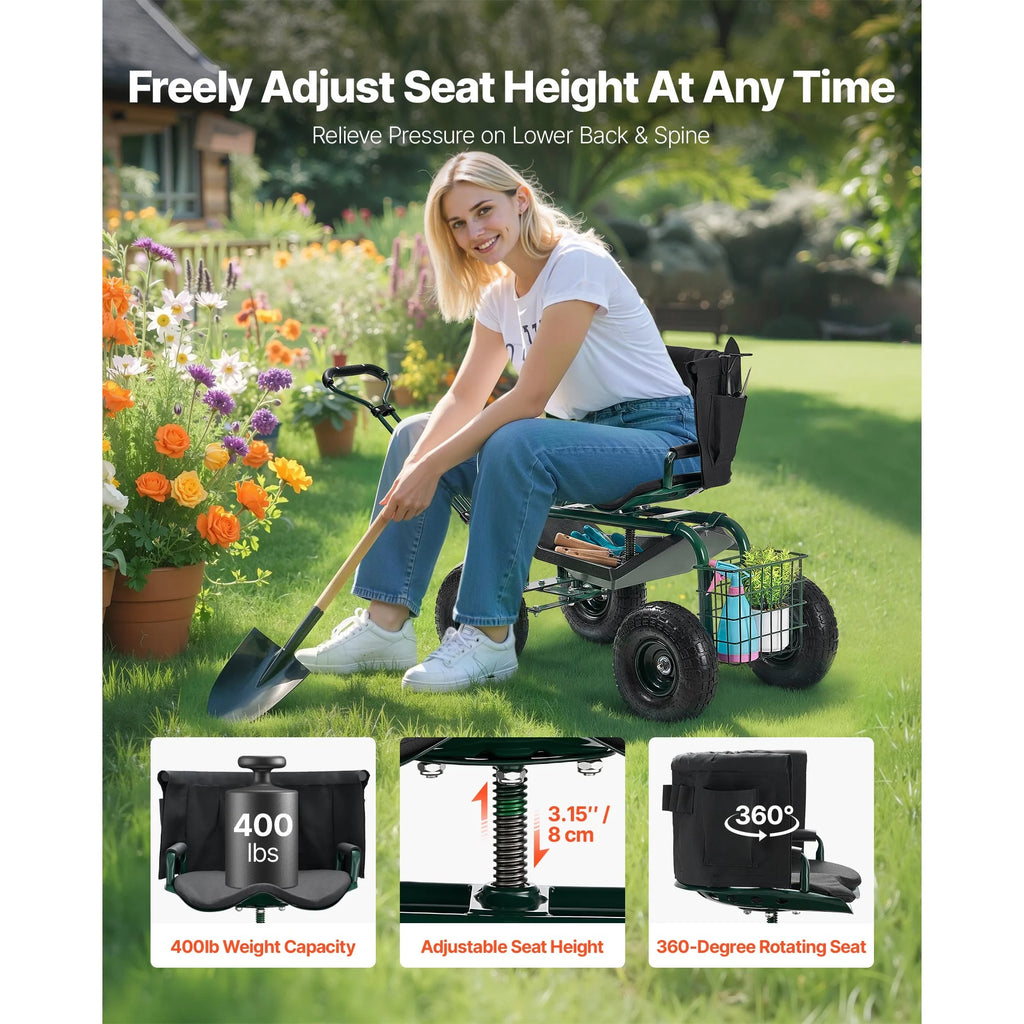 Rolling Garden Seat with Wheels, Adjustable Height & 360° Rotating Seat, 400Lbs Capacity, Gardening Cart with Backrest & Tool Storage for Outdoor Use