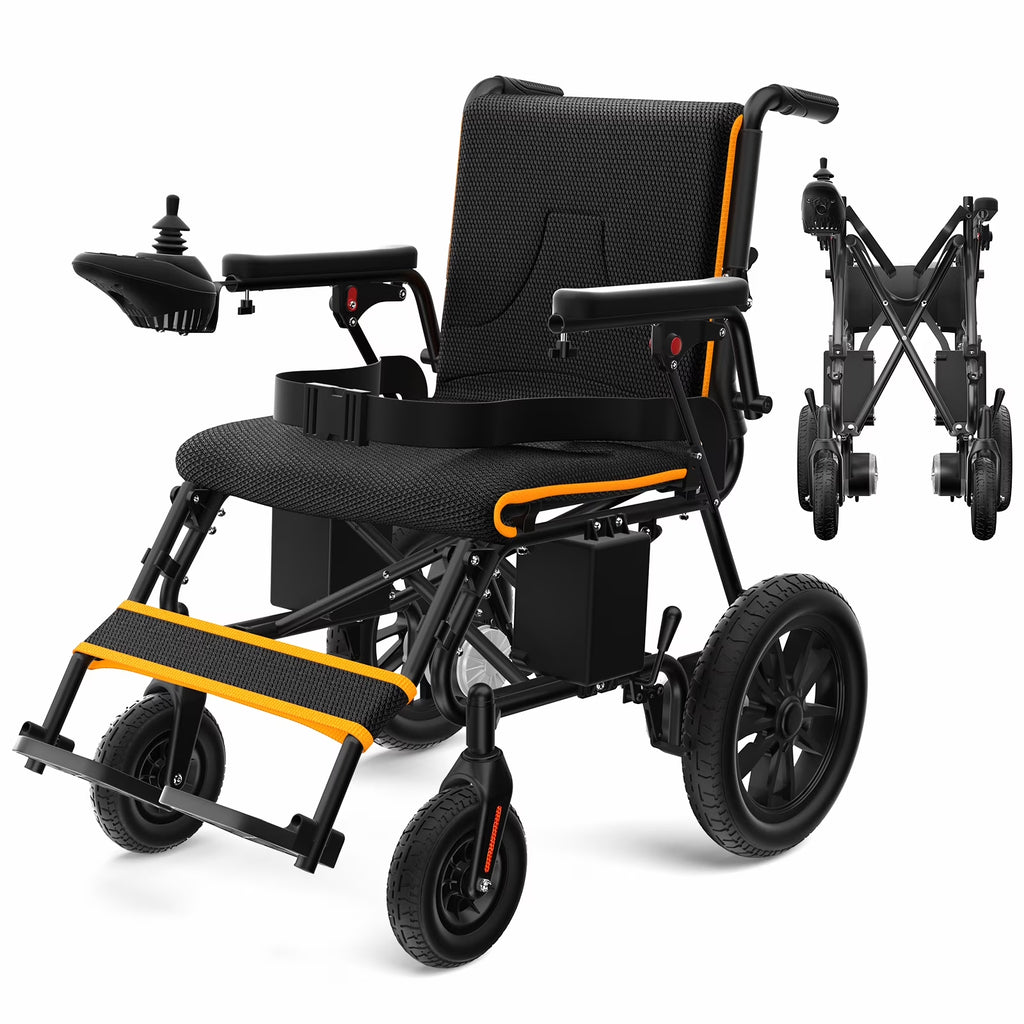 COOLHUT Foldable Electric Wheelchair, 20+ Miles Long Range Motorized Electric Wheelchair, Senior-Friendly Power Chair with 360° Joystick, All Terrain Smart Mobility Scooter, Orange